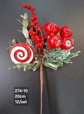 Crenguță artificială de Crăciun roșie cu fructe și acadea – 20cm 12/set